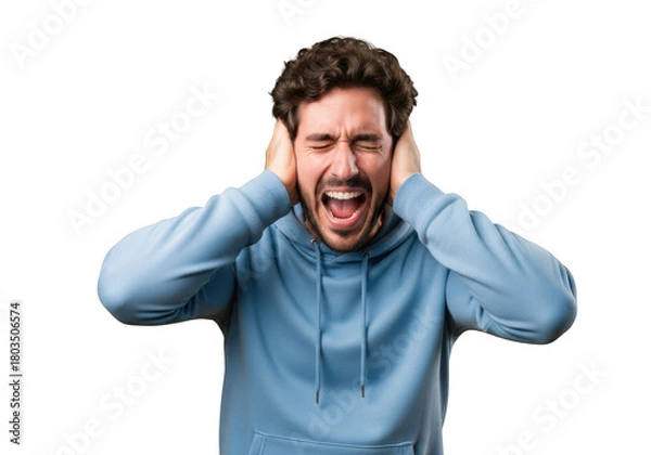 Obraz Frustrated man screaming covering ears stressed out angry annoyed upset mad furious depression anxiety pain discomfort isolated on transparent background