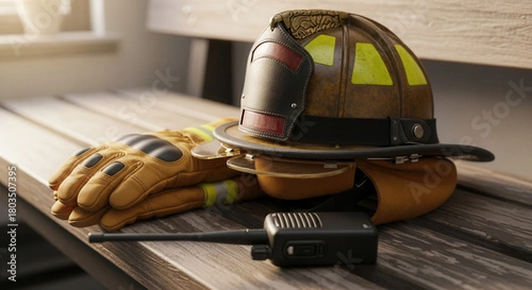 Fototapeta Firefighter's gear resting after a long shift, showcasing the tools of a hero, helmet, gloves and radio ready to respond to the next emergency call