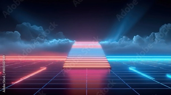 Obraz Abstract Neon Staircase Leading to Light Beams with Clouds in Pink and Blue Futuristic Scene
