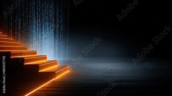 Obraz Abstract Orange Staircase with Digital Waterfall on Dark Surface in Dark Room with Ambient Light and Artificial Glow Effect