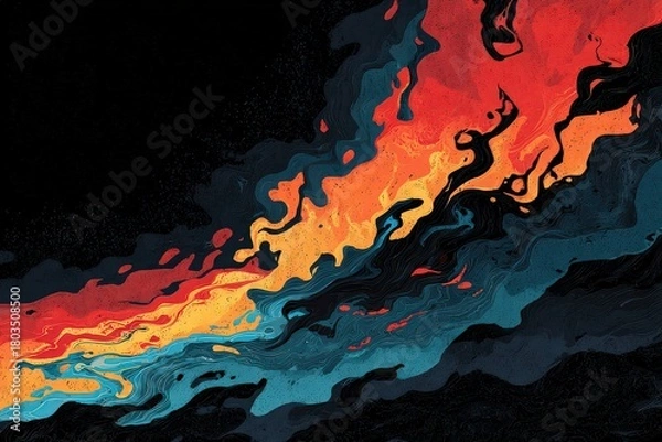 Fototapeta Abstract Pixel Art with Saturated Reds Oranges and Blues Seamlessly Blended Against Dark Background Generative Art Style Swirling Gradients Pixelated Texture