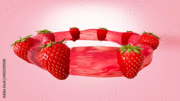 Fototapeta 3D rendering of Fresh Strawberries Floating in Pink Liquid Splash Ring on Pastel Background

