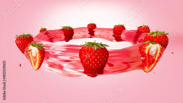 Fototapeta 3D rendering of Fresh Strawberries Floating in Pink Liquid Splash Ring on Pastel Background

