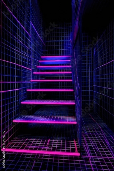 Fototapeta Abstract Staircase in Neon Blue and Pink Wireframe Structure Against Dark Backdrop