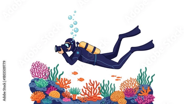 Fototapeta Scuba diver in wetsuit and flippers holding a camera swims over colorful coral reef with fish and bubbles