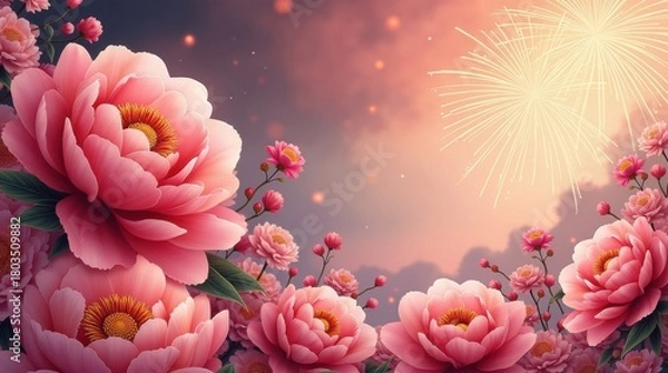 Fototapeta Soft focus pink peonies with glowing bokeh lights in the background