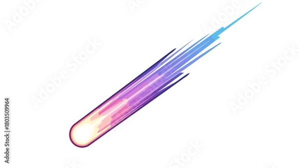 Fototapeta Stylized diagonal comet with a glowing head and vibrant pinkpurpleblue streaking tail on white