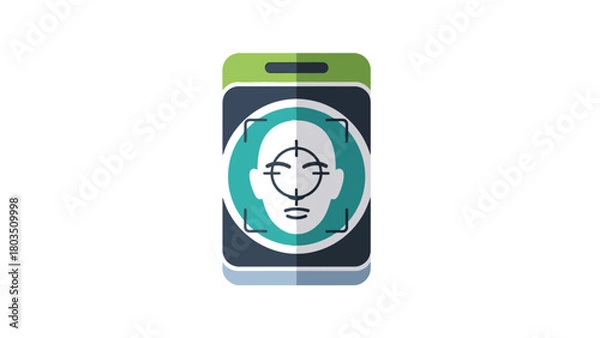 Fototapeta Stylized smartphone displays a facial recognition scan with a face outline and target reticle on a teal circle