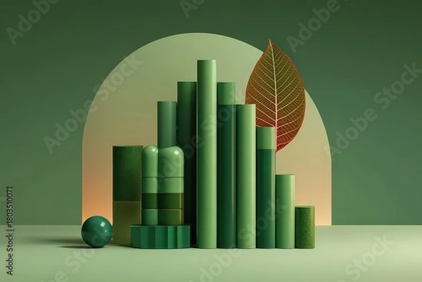 Fototapeta Abstract Still Life with Green Cylinders Leaf and Arch in Soft Light