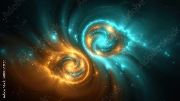 Obraz Abstract Swirls of Luminous Plasma Spiraling and Intertwining in Shades of Teal and Gold on Dark Background