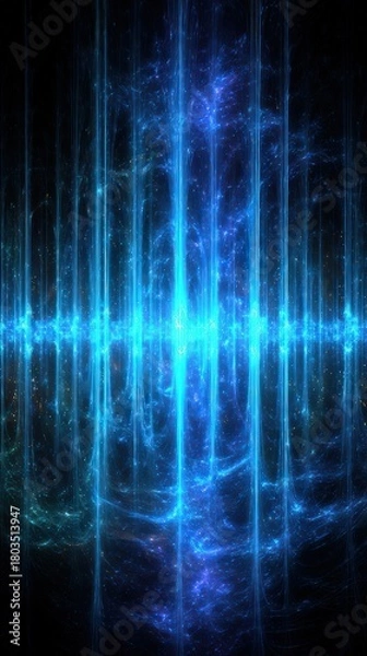 Fototapeta Abstract Visualization of Harmonic Resonance Vertical Column in Dark Background with Bright Blue Light and Cosmic Dust