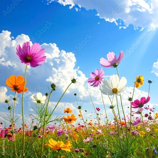 Fototapeta A vibrant field of colorful flowers blooming under a bright, sunny, and partly cloudy sky, creating a cheerful, natural scene