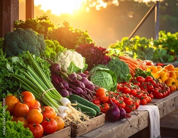 Fototapeta A vibrant farmers market display featuring a diverse assortment of fresh vegetables bathed in golden sunlight
