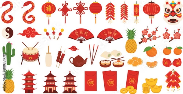 Obraz Chinese New Year icon set—red snakes, lanterns, lion mask, food, coins, and cultural symbols for festive celebration visuals