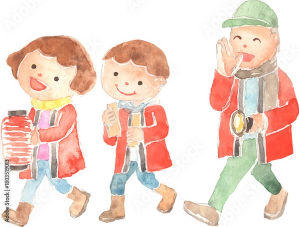 Fototapeta 火の用心の見回りをする親子のイラスト、ベクター