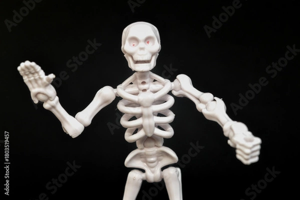 Fototapeta A small, articulated human skeleton model with red eyes, standing upright on a stark black background. Concepts of anatomy, biology, Halloween, fear, science, education, medical, spooky, and death.
