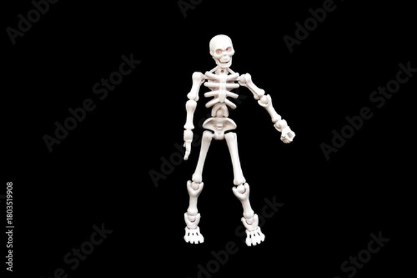 Obraz A small, articulated human skeleton model with red eyes, standing upright on a stark black background. Concepts of anatomy, biology, Halloween, fear, science, education, medical, spooky, and death.