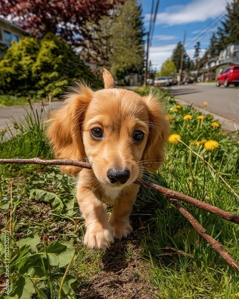 Obraz Adorable Brown Puppy Carrying Stick on Green Grass in Sunny Outdoor Setting