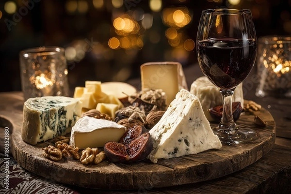 Obraz Arrangement of Cheese Nuts and Red Wine on Wooden Board with Candlelight Background