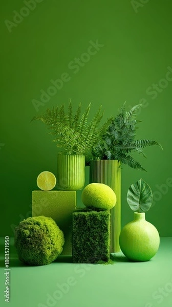 Obraz Arrangement of Green Geometric Shapes and Foliage Against Solid Green Background with Pixelated Texture and Artificial Look