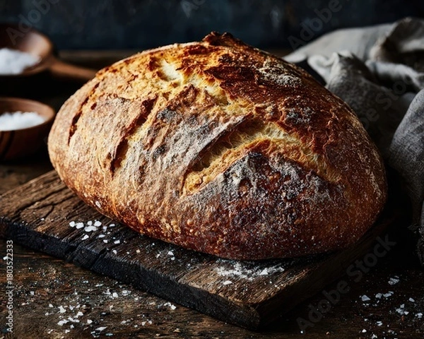 Obraz Artisan Bread Loaf on Wooden Board with Salt and Rustic Textile