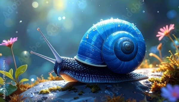 Fototapeta A vibrant, hyper-realistic depiction of a snail with a luminous blue shell and textured body. Delicate details, soft focus background