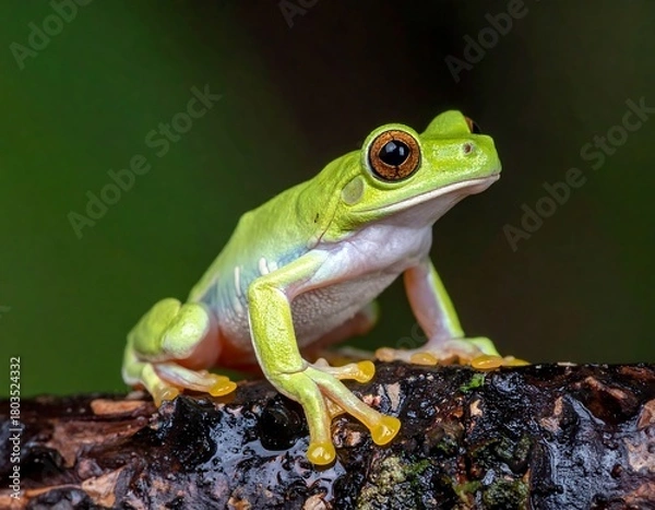 Fototapeta A vibrant, green amphibian with striking orange and black eyes perches on a wet, textured branch, set against a blurred, dark background