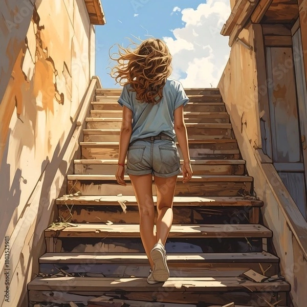 Fototapeta A young woman with flowing hair ascends weathered outdoor stairs bathed in sunlight, revealing glimpses of a charming rustic alleyway