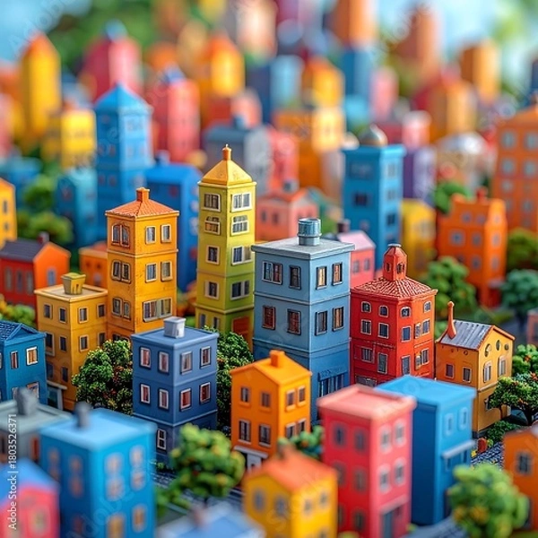 Obraz A vibrant, miniature cityscape crafted with bright, stylized buildings and verdant greenery, creating a cheerful, playful, and colorful scene