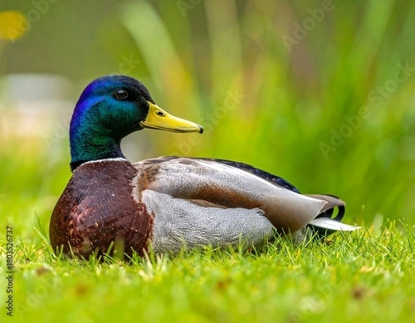 Fototapeta A vibrant male waterfowl rests peacefully on a bed of lush, green grass, showcasing its colorful plumage. The blurred background adds depth