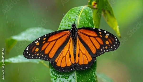Obraz A vibrant monarch butterfly rests on a lush green leaf, its wings spread wide, showcasing striking orange and black patterns. Raindrops glisten