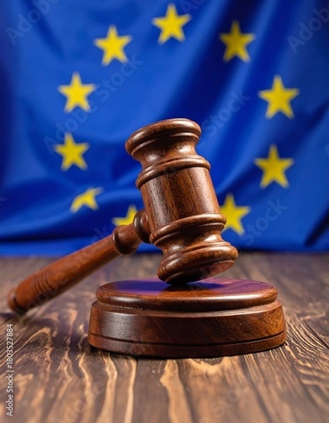 Fototapeta A wooden gavel rests on a table, with a blue flag featuring gold stars in the background. The flag is slightly blurred
