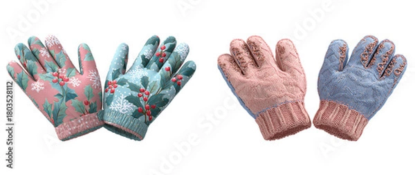 Fototapeta Two pairs of festive winter gloves with holiday patterns on transparent background