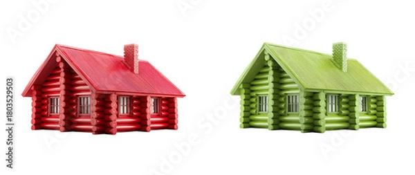 Fototapeta Two log cabins in red and green stand side by side against a black backdrop on transparent background