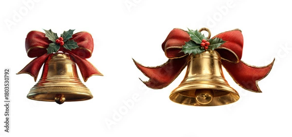 Fototapeta Two golden christmas bells adorned with red bows and holly on transparent background