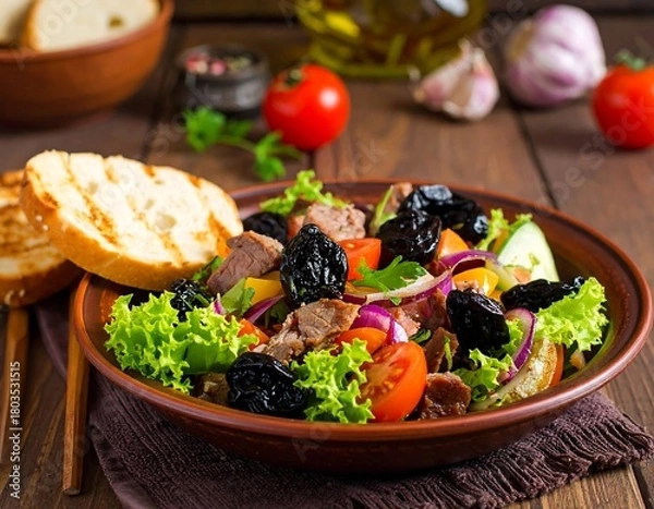 Fototapeta A vibrant salad with various ingredients, including meat and prunes, artfully arranged on a rustic plate. Accompanied by toasted bread