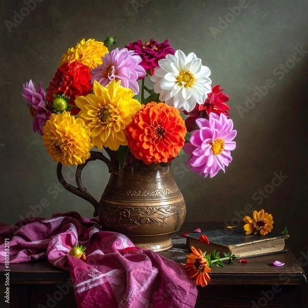 Fototapeta A vibrant still life features a bouquet of various-colored blooms in an ornate copper pitcher, beside a book and draped fabric