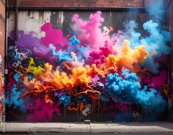 Fototapeta A vibrant street art mural explodes with colorful smoke, set against a dark wall and brick structure, creating an artistic display