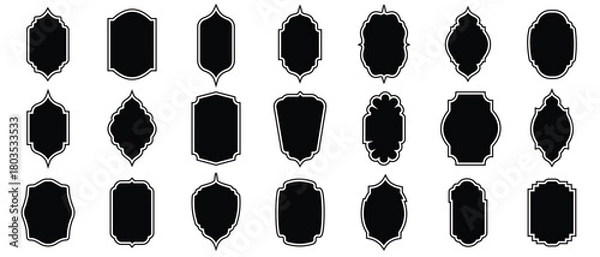 Fototapeta Vintage frame label and badges shape symbol. Black vintage and label frames set. Greeting or retro labels, royal wedding insignia, sale sticker or invitation card. Vector illustration.