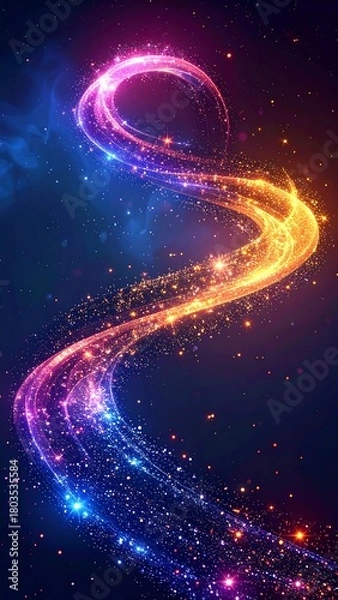 Fototapeta A vibrant, swirling light trail winds through a dark blue space, transitioning from purple to gold, adorned with sparkling points