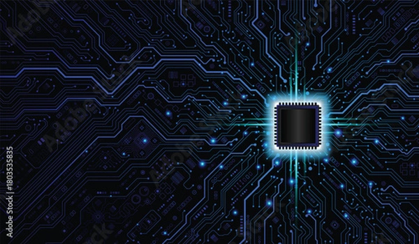 Obraz CPU Chip on Motherboard. Central Computer Processors CPU concept. Quantum computer large data processing database concept. Futuristic microchip processor. Digital chip.