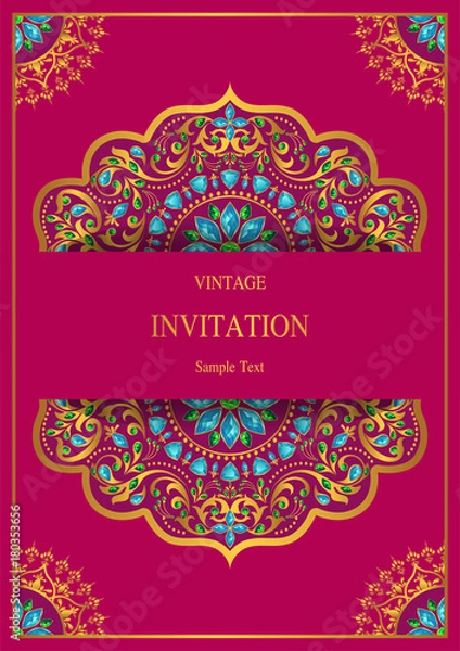 Fototapeta Wedding Invitation card templates with gold patterned and crystals on background color. 