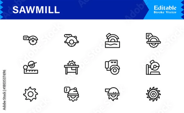 Fototapeta Sawmill And Lumber Industry Line Icon Set – Professional, Modern, Minimal, And Pixel Perfect Woodcutting Symbols