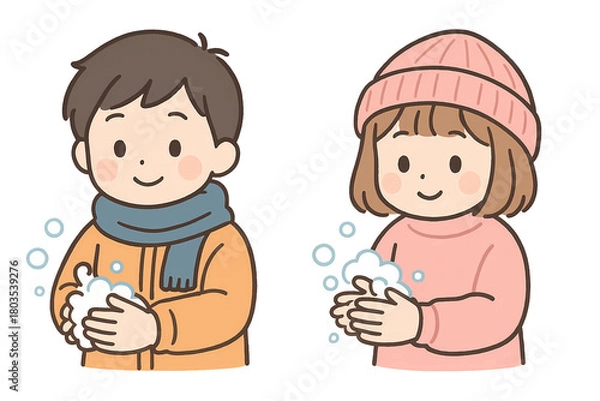 Obraz 泡でしっかり手洗いをしている子どものイラストセット（男の子・女の子）｜感染予防・衛生習慣・教育素材
