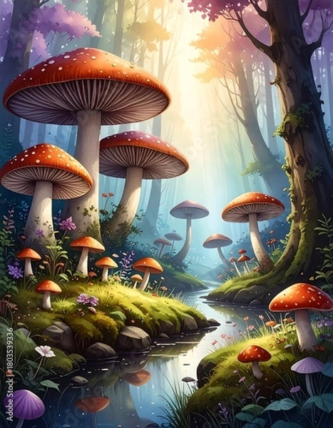 Fototapeta A whimsical landscape of towering mushrooms with red caps, nestled in a lush, magical forest with a meandering stream and vibrant sunlight