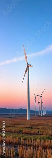 Fototapeta Wind turbines in a vast open field at sunset, capturing kinetic energy,  nature,  sustainable