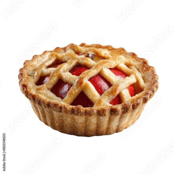Fototapeta Golden brown lattice crust apple pie with red apple filling on black tart pastry, Cut Out, Isolated On White Background, Png Transparent