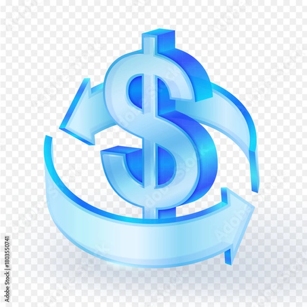 Fototapeta 3D icon of a glossy, futuristic dollar sign encircled by two vibrant blue arrows, symbolizing money flow, circulation, return on investment or global financial exchange. Vector illustration.