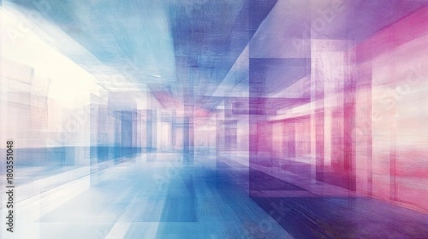 Fototapeta Modern abstract architecture perspective with transparent blue and pink grid