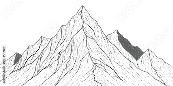 Fototapeta Hand drawn monochrome mountain range peak illustration line art
